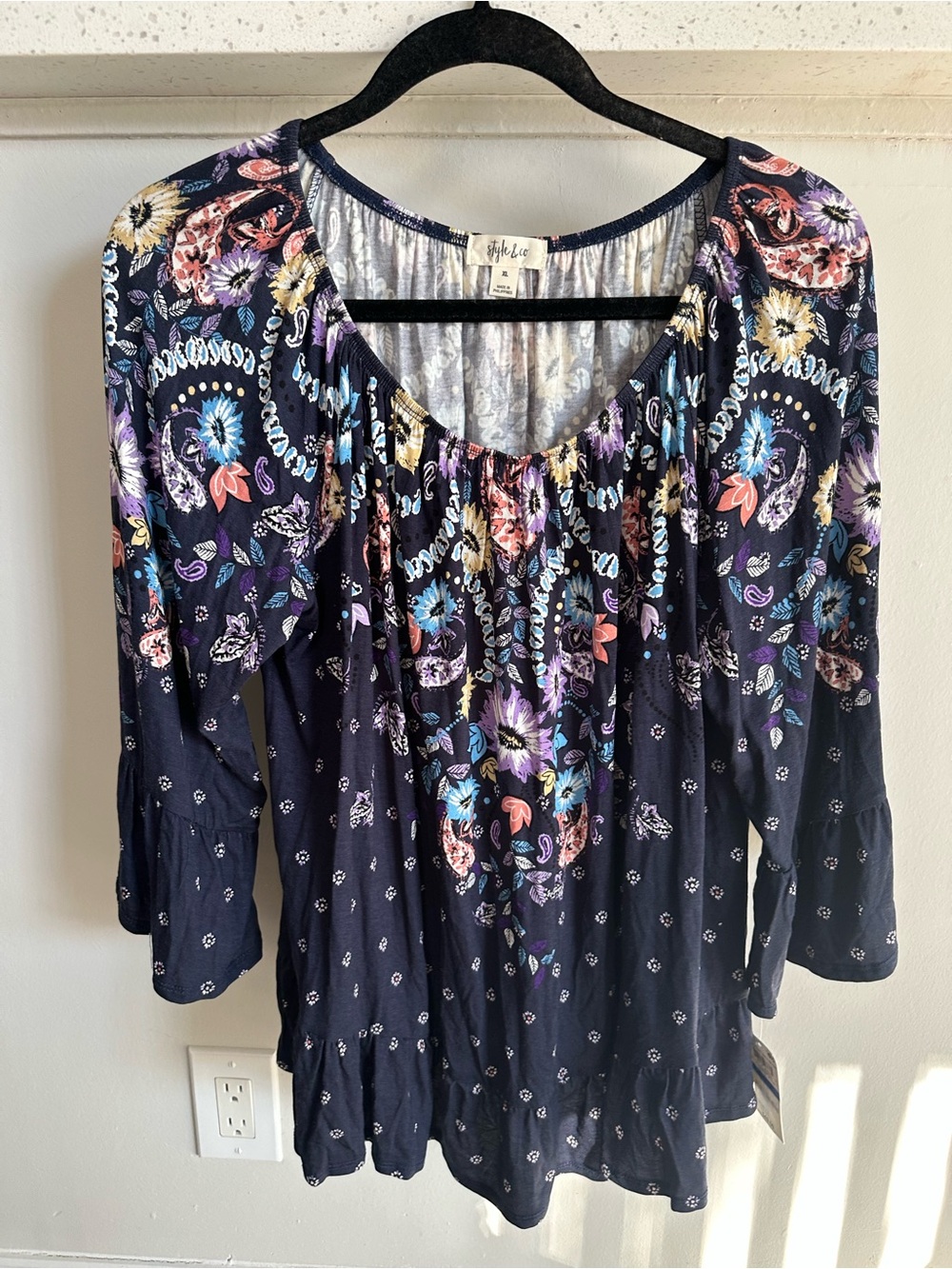 Floral Peasant Top - Navy Multicolor